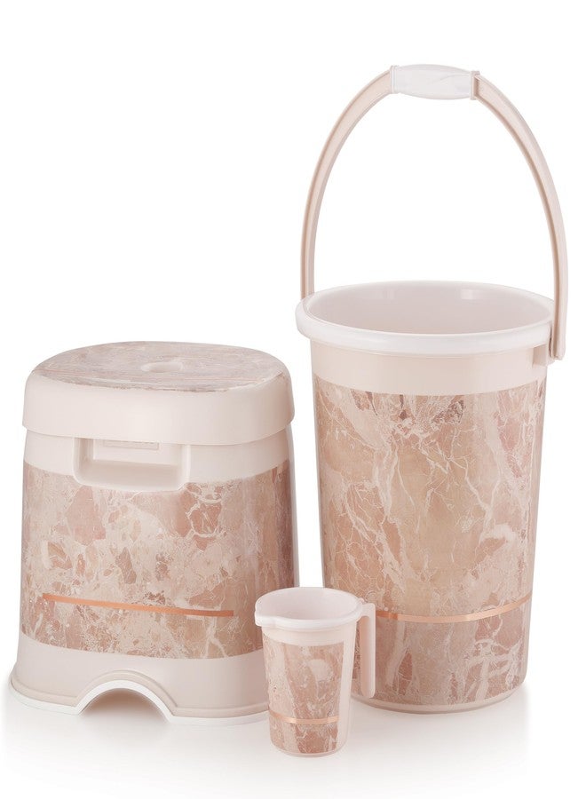 Nabhya Granite 3Pc Bathroom Set, with Plastic Buckeet (20ltr), D-Shape Heighted Stool, Mug (1LTR) 3 pc Bucket-Set for Bathroom, Home & Kitchen, Combo of 3pc Bucket Cleaning Set (Beige) - Image 1